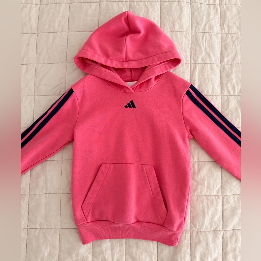 Adidas Kids Bright Pink Hoodie with Navy Stripes